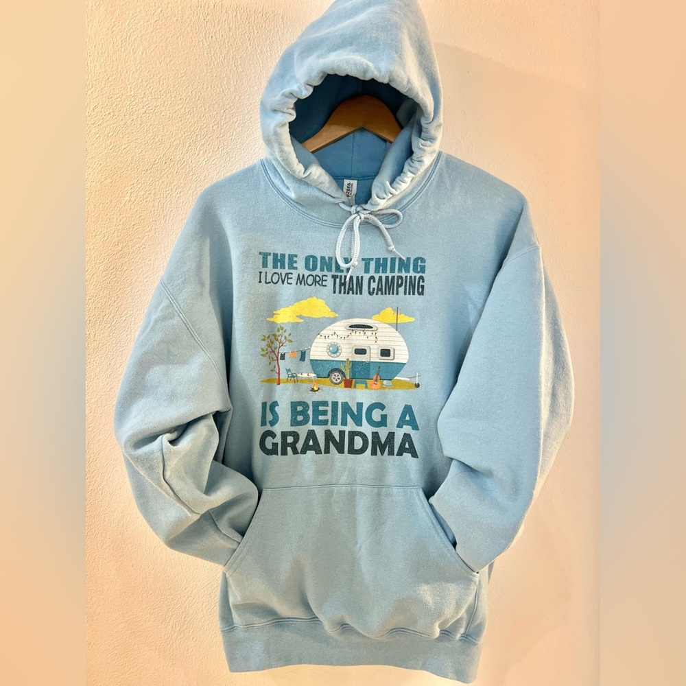 Light Blue Hoodie Sz large Camping hoodie with 
 “ being a grandma” script